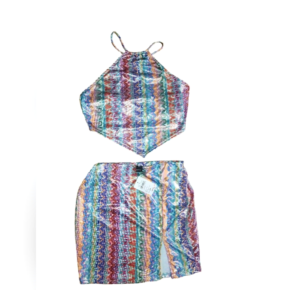 NWT Colorful & Shiny Striped Halter Top and Skirt Set Top-S Skirt-XS Windsor
